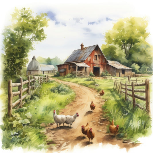 Watercolor Farm Life Fabric Panel 6 showing a rustic barn, dirt path, wooden fences, trees, and free-range chickens in a peaceful farm setting.