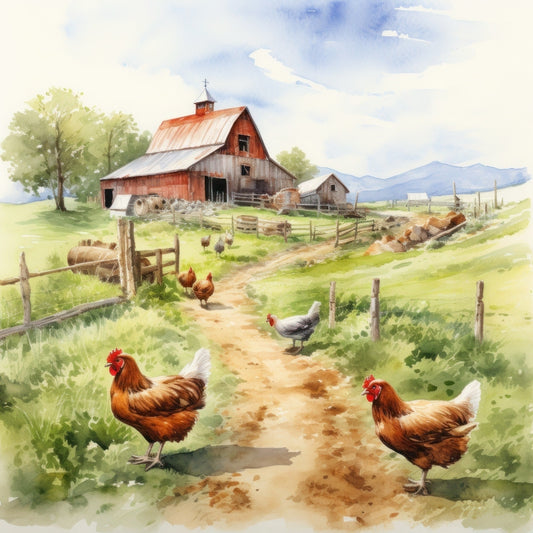 Watercolor Farm Life Fabric Panel 7 with a red barn, chickens, and a rural farm scene on premium quilting cotton.
