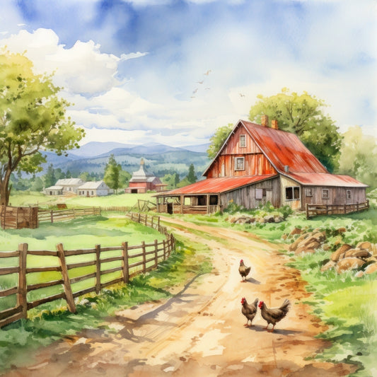 Watercolor Farm Life Fabric Panel 8 depicting a rustic barn, dirt path, wooden fences, chickens, and countryside landscape in soft watercolor.