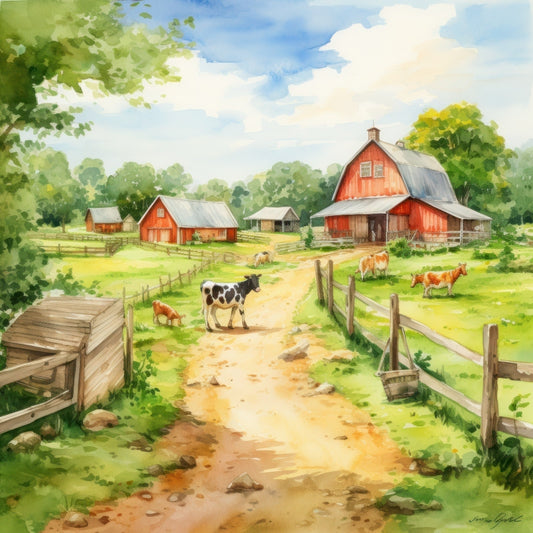 Watercolor Farm Life Fabric Panel 9 featuring a vibrant rural scene with red barns, cows, green pastures, and a winding dirt path.