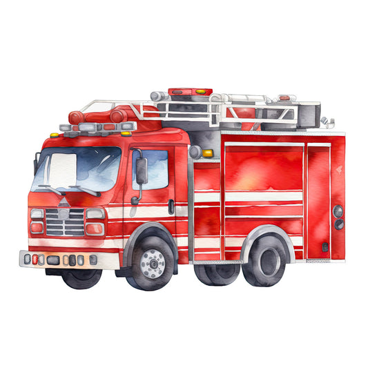 Watercolor Fire Truck Fabric Panel featuring a detailed red fire truck in vibrant watercolor, printed on premium quilting cotton.