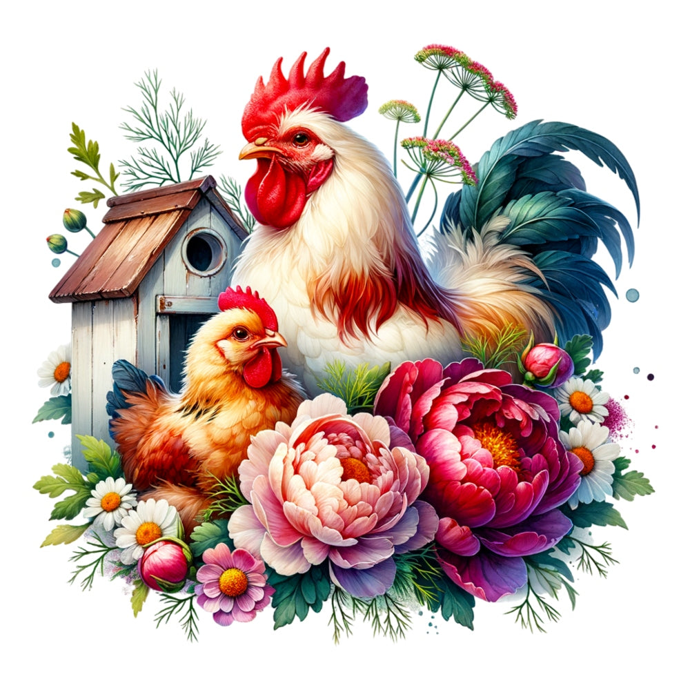 Watercolor Floral Chicken Fabric Panel 1 with detailed rooster, hen, birdhouse, and vibrant flowers on premium quilting cotton.
