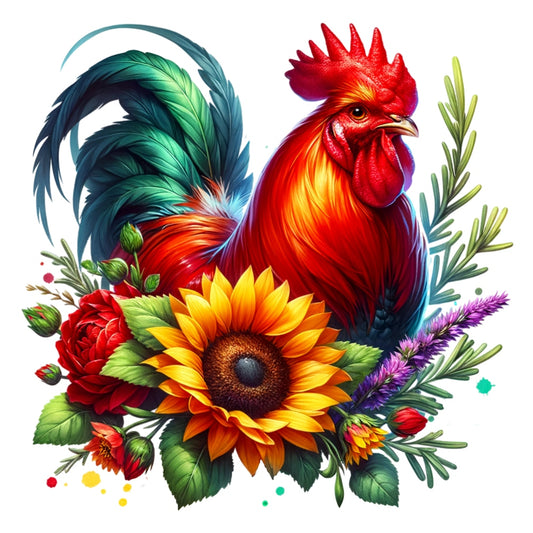 Watercolor Floral Chicken Fabric Panel 12 featuring vibrant rooster with sunflower, red rose, and lavender painted in detailed watercolor style.