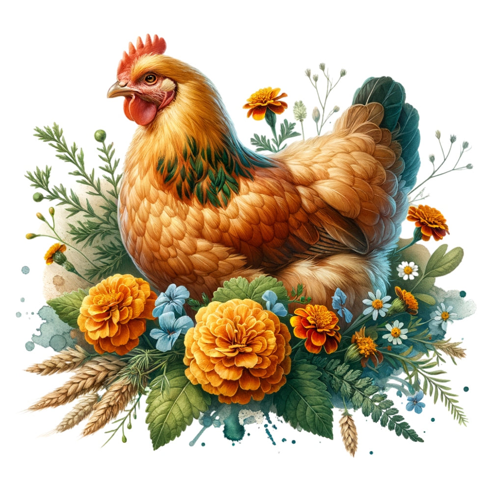 Watercolor Floral Chicken Fabric Panel 3 showing a detailed chicken surrounded by vibrant orange and blue flowers and green foliage.