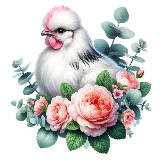 Watercolor Floral Chicken Fabric Panel 4 with white chicken surrounded by pink roses and green eucalyptus leaves on quilting cotton.