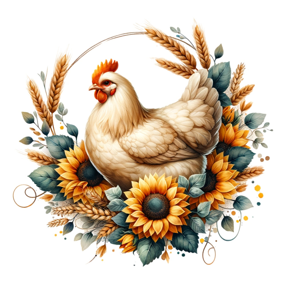 Watercolor Floral Chicken Fabric Panel 5 featuring a detailed hen surrounded by sunflowers and wheat, printed on premium quilting cotton.