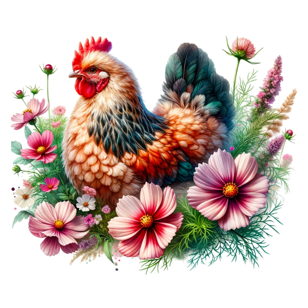 Watercolor Floral Chicken Fabric Panel 6 featuring a detailed chicken surrounded by pink and white flowers on premium quilting cotton.