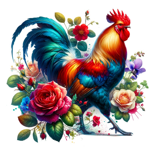 Watercolor Floral Chicken Fabric Panel 7 with vibrant rooster surrounded by detailed blooming flowers on premium quilting cotton.