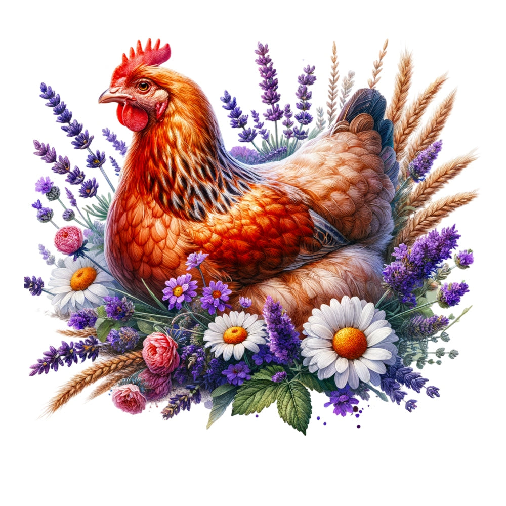 Watercolor Floral Chicken Fabric Panel 8 featuring a detailed hen surrounded by lavender, daisies, and wheat in vibrant colors.