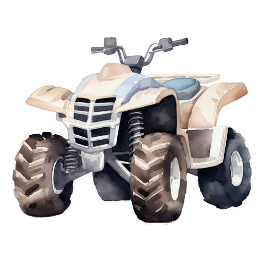 Watercolor Four Wheeler Fabric Panel featuring a detailed watercolor illustration of a beige and blue four-wheeler on premium quilting cotton.