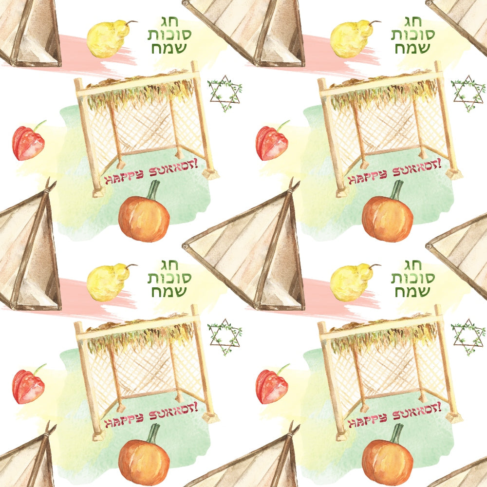 Watercolor Happy Sukkot Pattern 11 Quilting Cotton Fabric