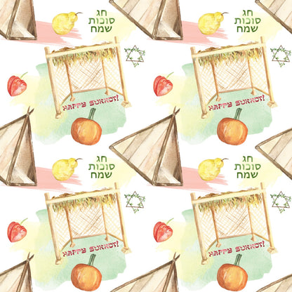 Watercolor Happy Sukkot Pattern 11 Quilting Cotton Fabric