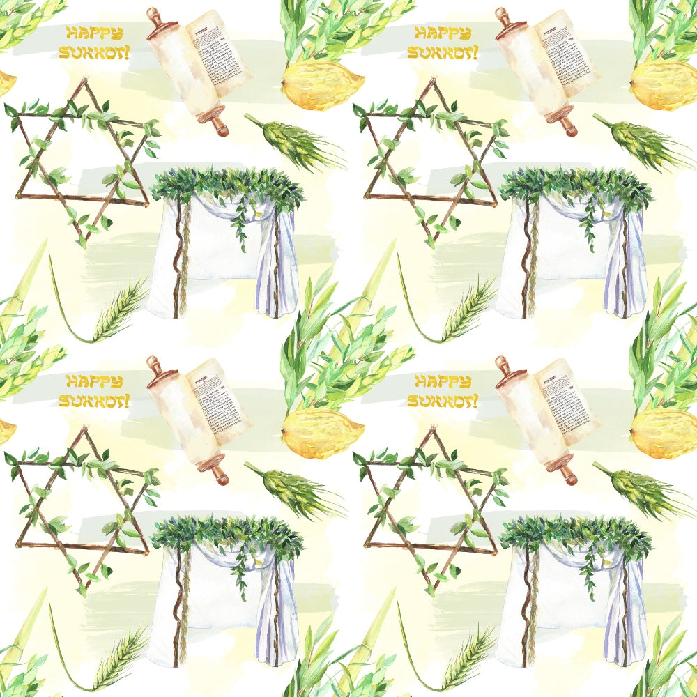 Watercolor Happy Sukkot Pattern 4 Quilting Cotton Fabric