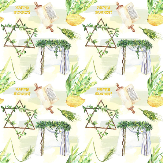 Watercolor Happy Sukkot Pattern 4 Quilting Cotton Fabric