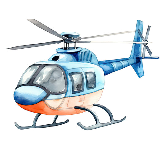 Watercolor Helicopter Fabric Panel featuring a detailed blue and orange helicopter design on premium quilting cotton fabric.
