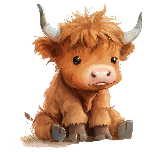 Watercolor Highland Cow Fabric Panel 1 featuring a detailed, soft illustration of a sitting Highland cow in warm tones.