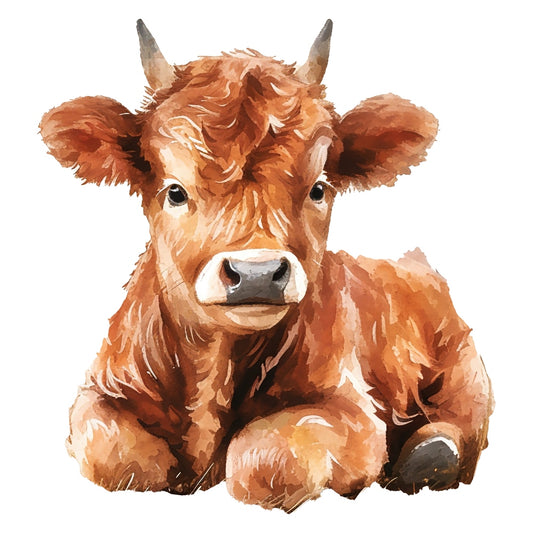 Watercolor Highland Cow Fabric Panel 10 featuring a detailed, soft-toned painting of a young Highland cow resting.