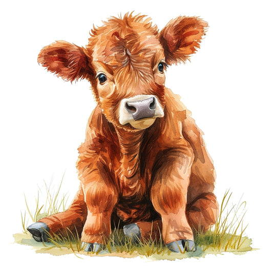 Watercolor Highland Cow Fabric Panel 11 featuring a detailed, hand-painted calf sitting on grass in vibrant quilting cotton print.