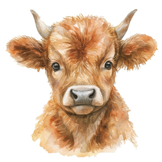 Watercolor Highland Cow Fabric Panel 12 featuring a detailed hand-painted portrait of a highland calf in warm earthy tones.