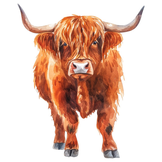 Watercolor Highland Cow Fabric Panel 13 featuring detailed, premium quilting cotton artwork of a brown long-haired Highland cow.