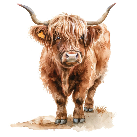 Watercolor Highland Cow Fabric Panel 14 featuring a detailed hand-painted highland cow design on premium quilting cotton.