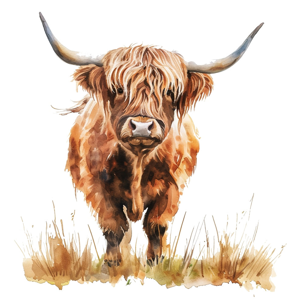 Watercolor Highland Cow Fabric Panel 15 featuring a detailed watercolor painting of a highland cow on premium quilting cotton.