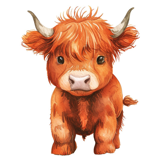 Watercolor Highland Cow Fabric Panel 3 featuring a detailed, adorable calf illustration printed on premium quilting cotton.
