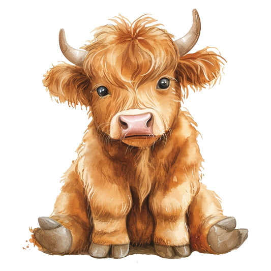 Watercolor Highland Cow Fabric Panel 4 featuring a detailed hand-painted illustration of a sitting Highland calf on premium quilting cotton.