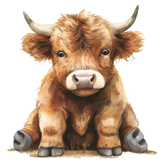Watercolor Highland Cow Fabric Panel 5 featuring a detailed and soft watercolor painting of a Highland cow calf on premium quilting cotton.