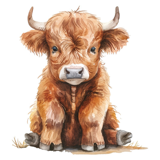 Watercolor Highland Cow Fabric Panel 6 showing a detailed, soft-toned painting of a Highland calf in premium quilting cotton.