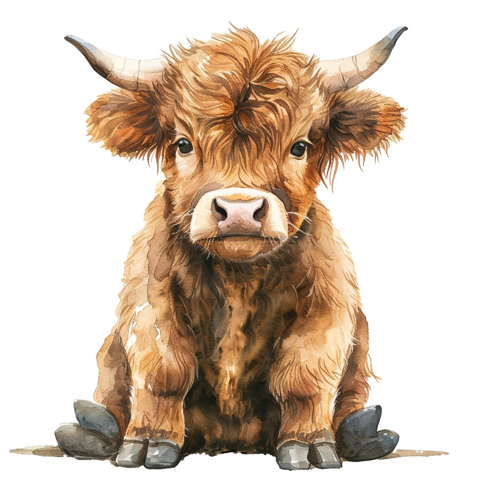 Watercolor Highland Cow Fabric Panel 8 featuring a detailed brown highland calf with textured fur and curved horns on white background.