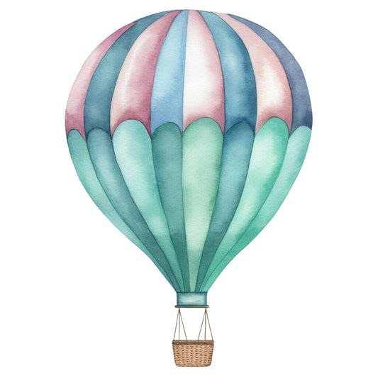 Watercolor Hot Air Balloon Fabric Panel featuring a pastel striped hot air balloon printed on premium quilting cotton.