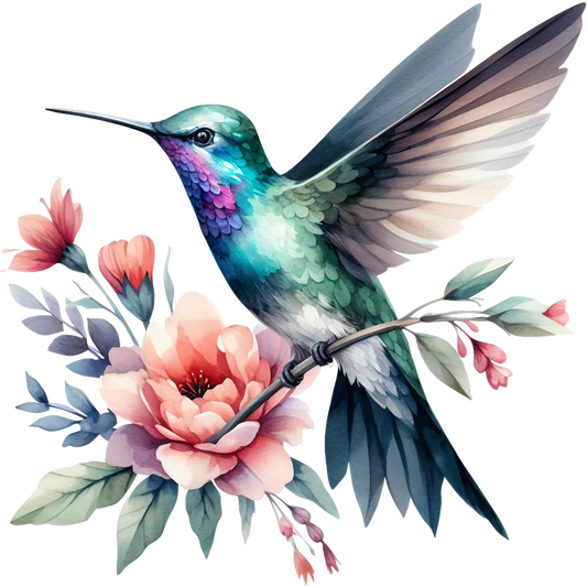 Watercolor Hummingbird Floral Fabric Panel 1 featuring a detailed colorful hummingbird perched on soft pastel flowers.