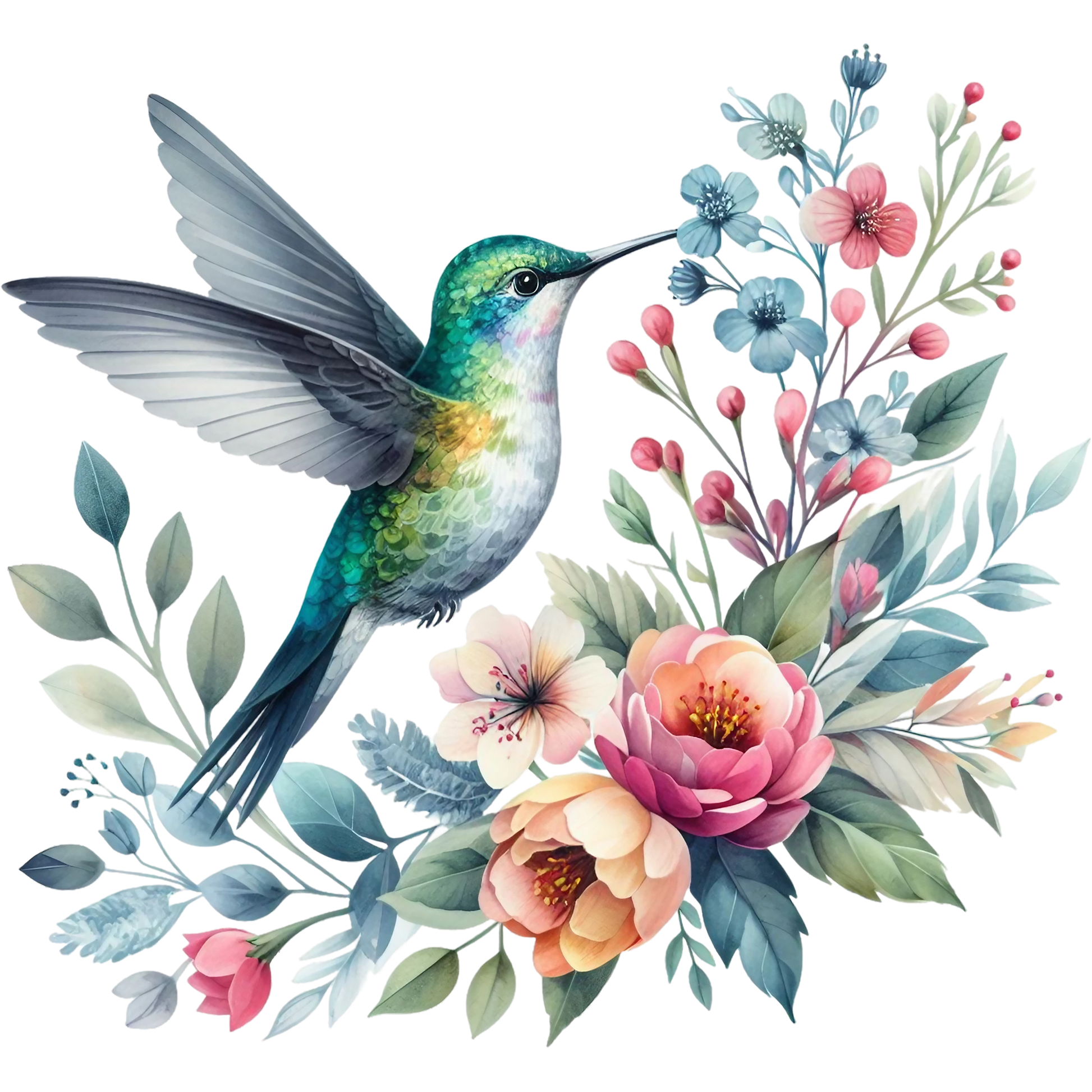Watercolor Hummingbird Floral Fabric Panel 10 featuring a detailed hummingbird and vibrant flowers on premium quilting cotton.