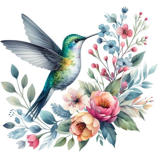 Watercolor Hummingbird Floral Fabric Panel 10 featuring a detailed hummingbird and vibrant flowers on premium quilting cotton.