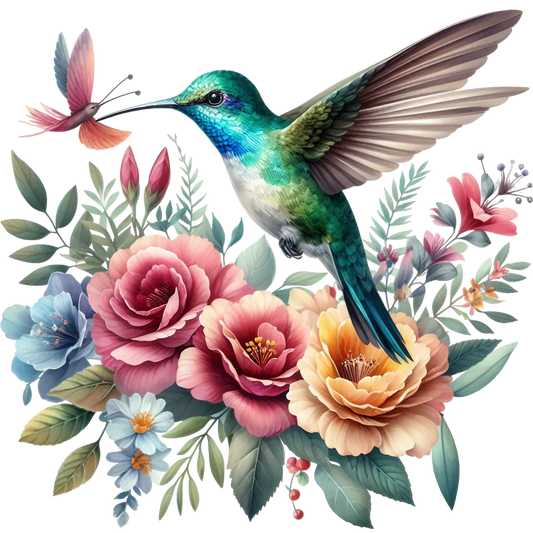 Watercolor Hummingbird Floral Fabric Panel 11 featuring a vibrant hummingbird with detailed feathers surrounded by colorful blooming flowers.