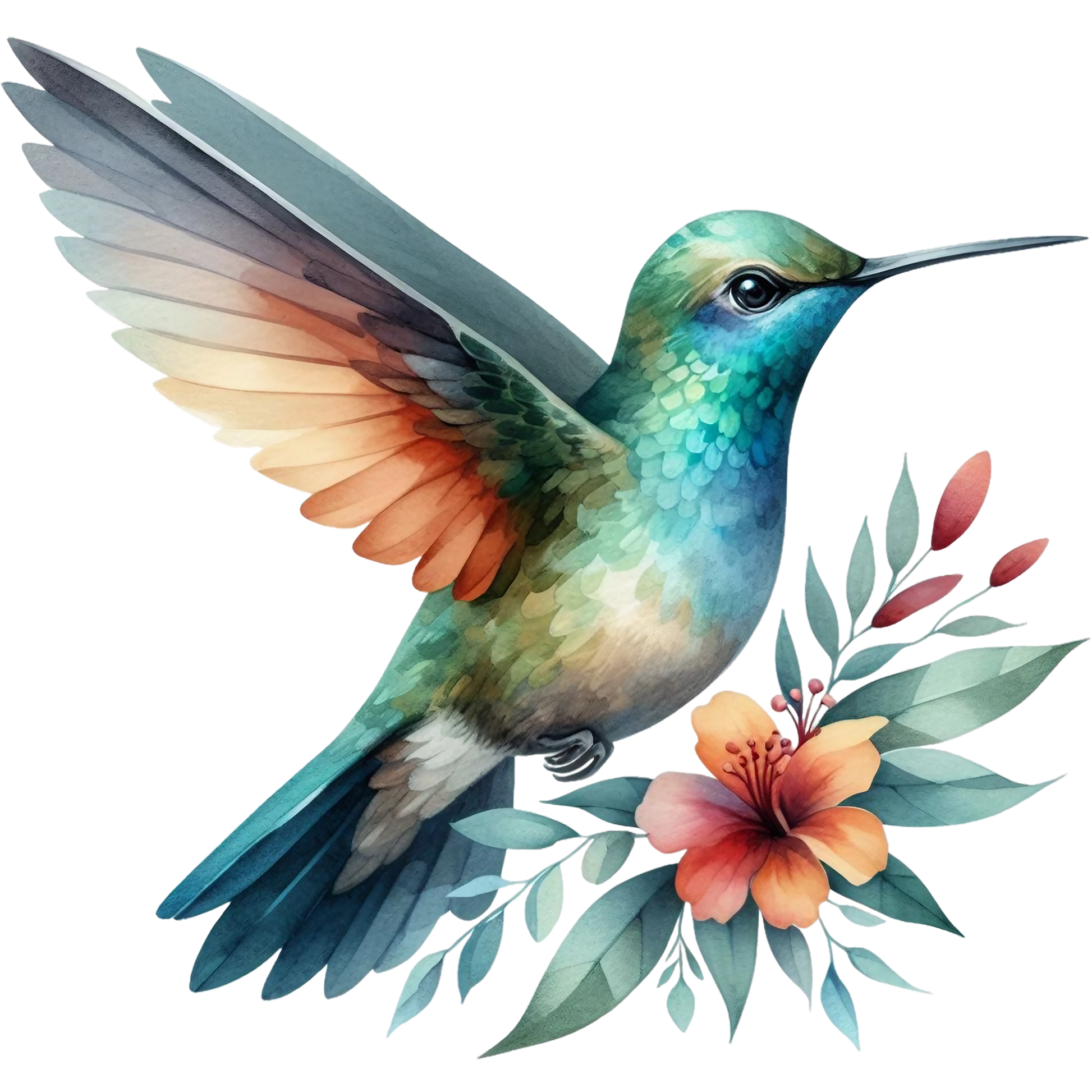 Watercolor Hummingbird Floral Fabric Panel 12 featuring a detailed, colorful bird with orange and blue wings next to a vibrant hibiscus flower.