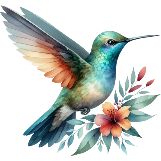Watercolor Hummingbird Floral Fabric Panel 12 featuring a detailed, colorful bird with orange and blue wings next to a vibrant hibiscus flower.