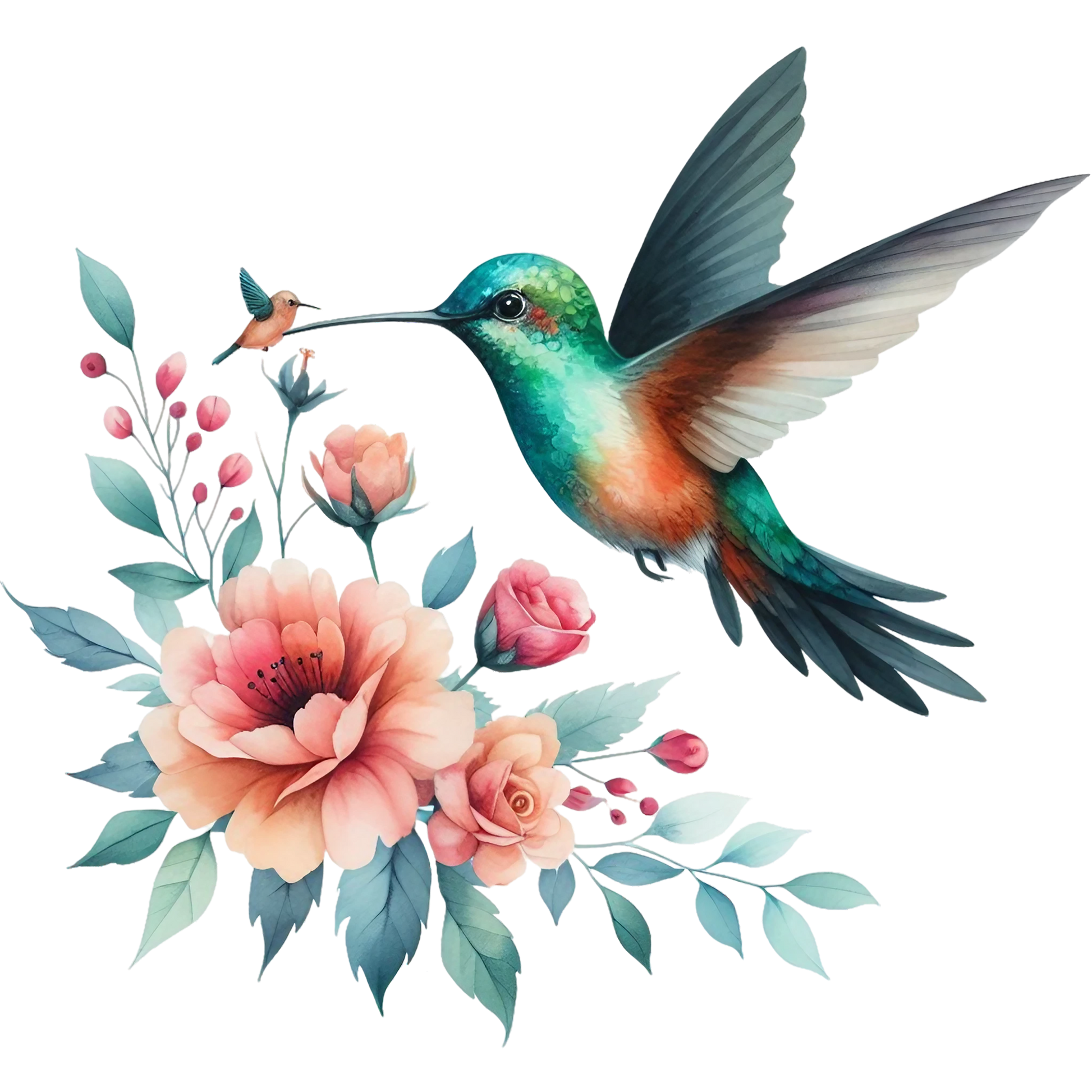 Watercolor Hummingbird Floral Fabric Panel 13 featuring a vibrant hummingbird and pastel floral bouquet in premium quilting cotton.