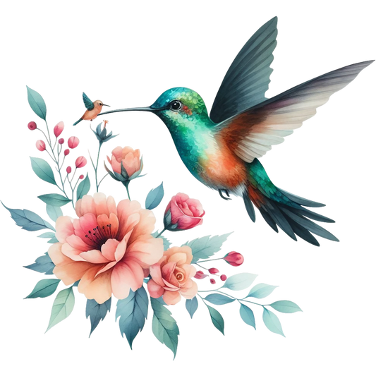 Watercolor Hummingbird Floral Fabric Panel 13 featuring a vibrant hummingbird and pastel floral bouquet in premium quilting cotton.