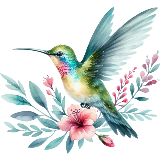 Watercolor Hummingbird Floral Fabric Panel 14 featuring a detailed hummingbird with pastel flowers and leaves in soft blue and pink tones.