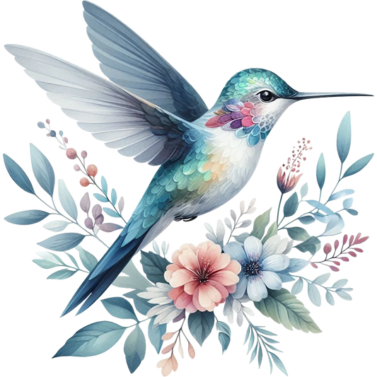 Watercolor Hummingbird Floral Fabric Panel 15 featuring a detailed hummingbird with pastel flowers and leaves in soft quilting cotton colors.
