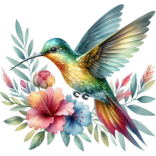 Watercolor Hummingbird Floral Fabric Panel 16 with vibrant multicolor hummingbird and detailed pastel flowers on premium quilting cotton.