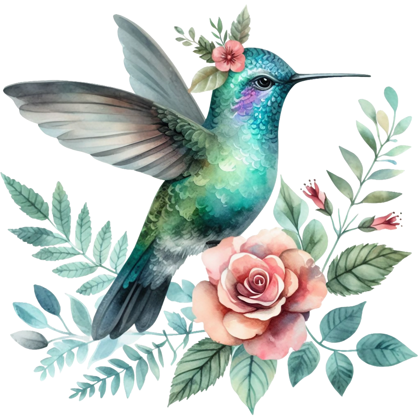 Watercolor Hummingbird Floral Fabric Panel 17 features a vibrant teal hummingbird with detailed feathers surrounded by soft pink roses and green leaves.