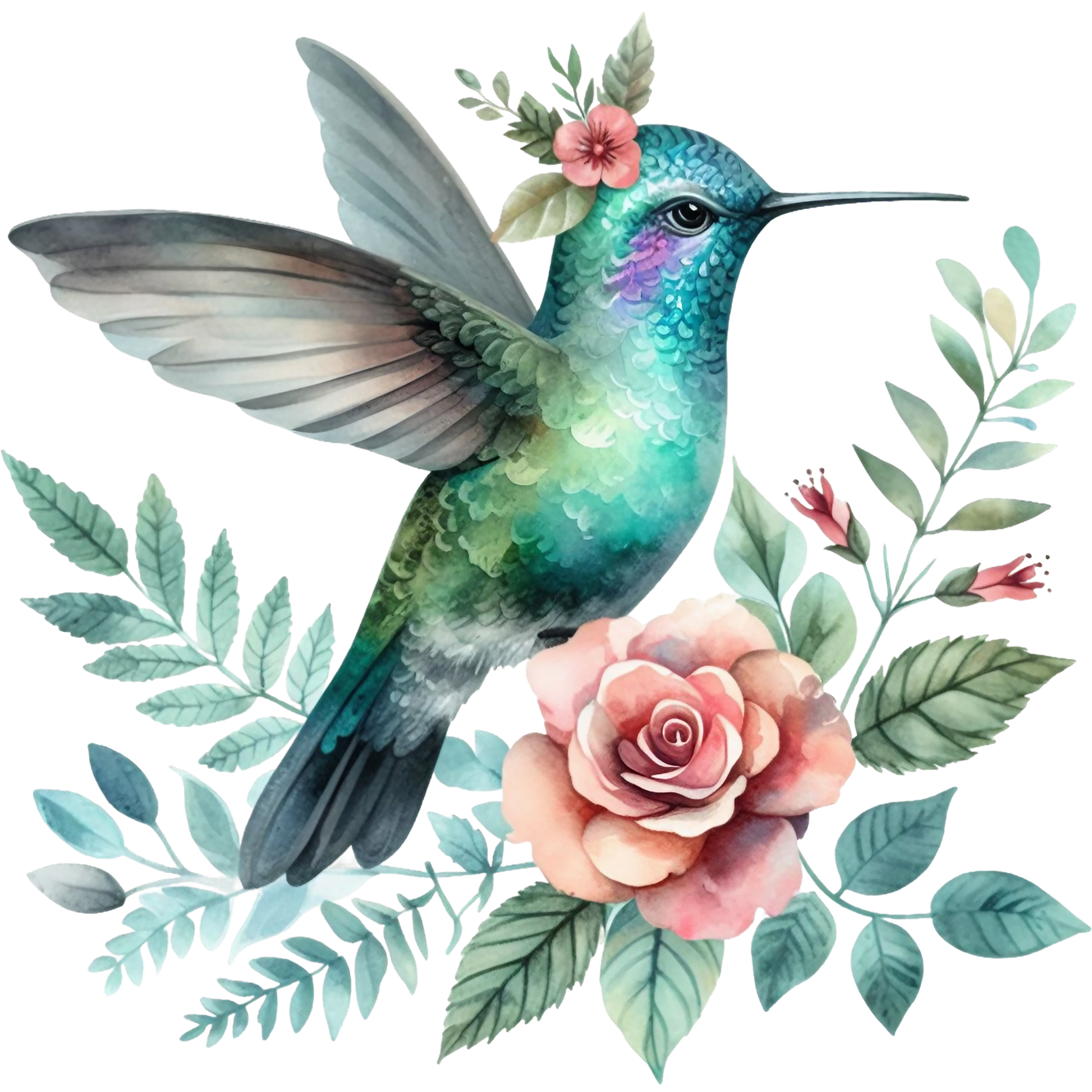 Watercolor Hummingbird Floral Fabric Panel 17 features a vibrant teal hummingbird with detailed feathers surrounded by soft pink roses and green leaves.
