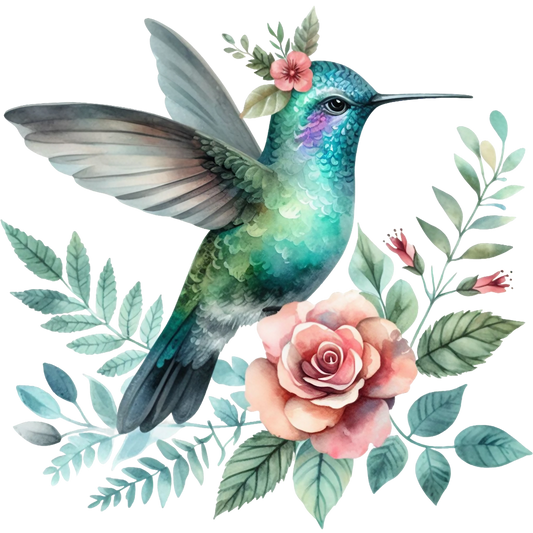 Watercolor Hummingbird Floral Fabric Panel 17 features a vibrant teal hummingbird with detailed feathers surrounded by soft pink roses and green leaves.