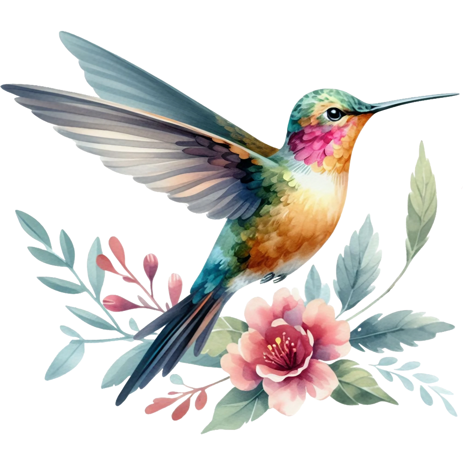 Watercolor Hummingbird Floral Fabric Panel 19 featuring a vibrant hummingbird and pastel floral leaves on premium quilting cotton.