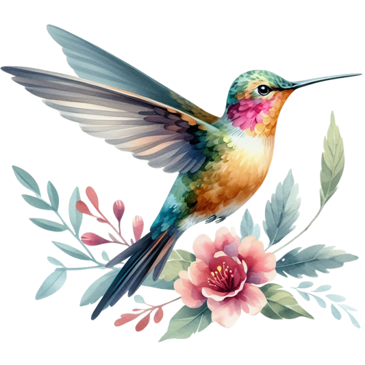 Watercolor Hummingbird Floral Fabric Panel 19 featuring a vibrant hummingbird and pastel floral leaves on premium quilting cotton.