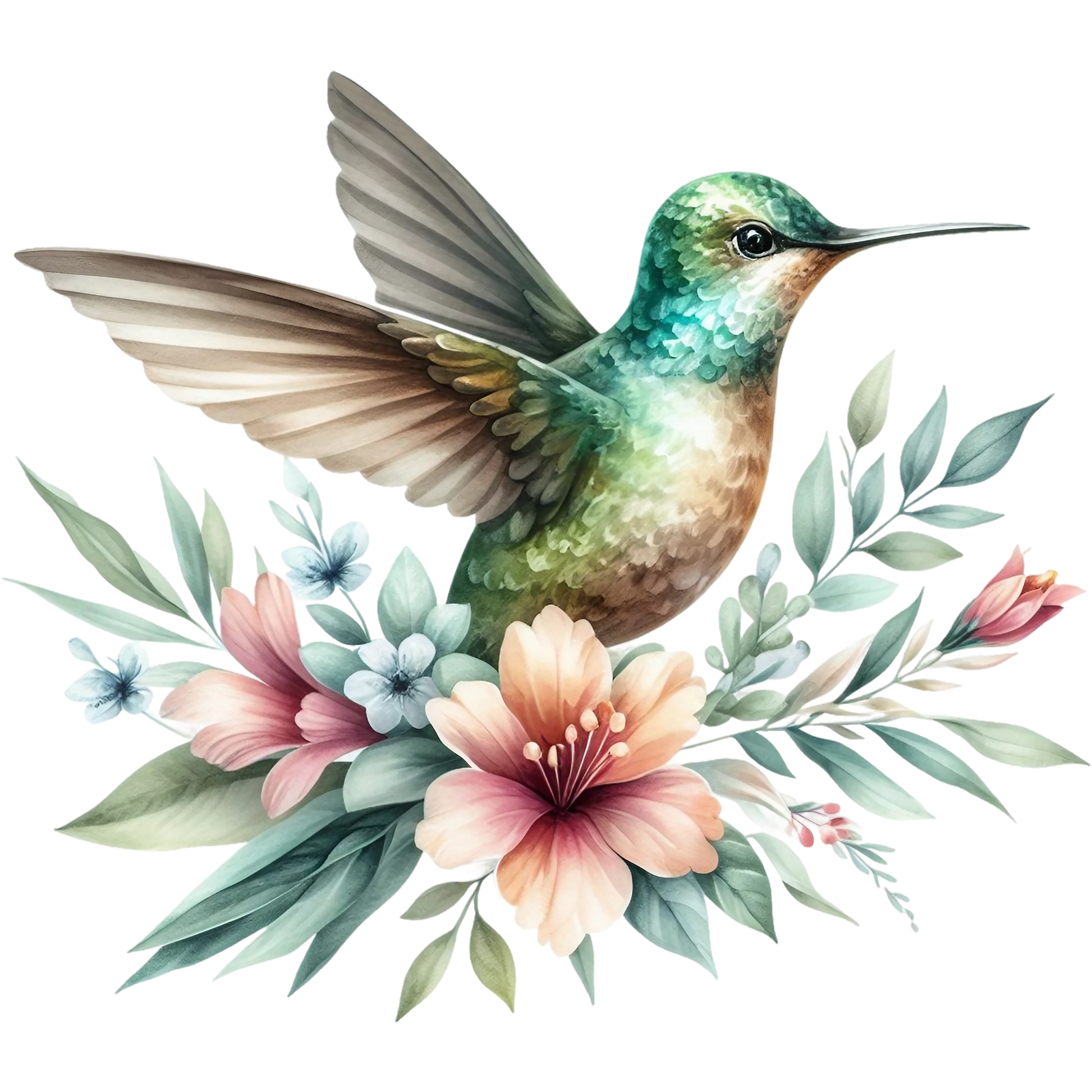 Watercolor Hummingbird Floral Fabric Panel 2 with detailed bird and pastel flowers on premium quilting cotton fabric.