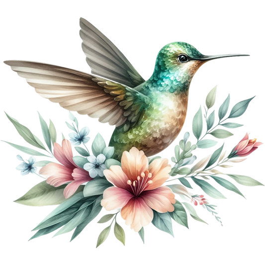 Watercolor Hummingbird Floral Fabric Panel 2 with detailed bird and pastel flowers on premium quilting cotton fabric.